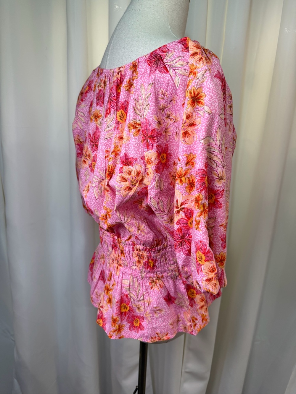 NWT LOFT ‘Lily Gathered Waist V-Neck Blouse’ in Pink Floral Print Size Large - Picture 11 of 13